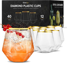 Load image into Gallery viewer, Kitchen Lux Diamond Wine Glasses - Elegant Plastic Cocktail Glasses for Indoor and Outdoor Fancy Occasions - Premium Unbreakable Plastic Stemless Wine Glasses with Diamond Shape - 40 Pack
