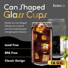 Load image into Gallery viewer, 16 oz Can Shaped Glass Cups - Set of 2 Beer Can Glasses with Straws and Acacia Wood Coasters - Aesthetic Soda Can Cup, Clear Glass Tumbler, Cute Cups, Tall Drinkware, Cool Drinking Glasses for Kitchen
