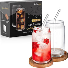 Load image into Gallery viewer, 16 oz Can Shaped Glass Cups - Set of 2 Beer Can Glasses with Straws and Acacia Wood Coasters - Aesthetic Soda Can Cup, Clear Glass Tumbler, Cute Cups, Tall Drinkware, Cool Drinking Glasses for Kitchen
