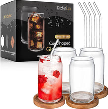 Load image into Gallery viewer, 16 oz Can Shaped Glass Cups - Set of 2 Beer Can Glasses with Straws and Acacia Wood Coasters - Aesthetic Soda Can Cup, Clear Glass Tumbler, Cute Cups, Tall Drinkware, Cool Drinking Glasses for Kitchen
